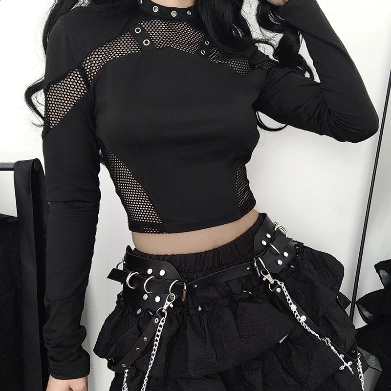 CIBBAR Gothic Black Crop Top Chic See Through Mesh Patchwork Full Sleeve Skinny Basic T-shirt Women Punk Style Stitched T Shirts 240824