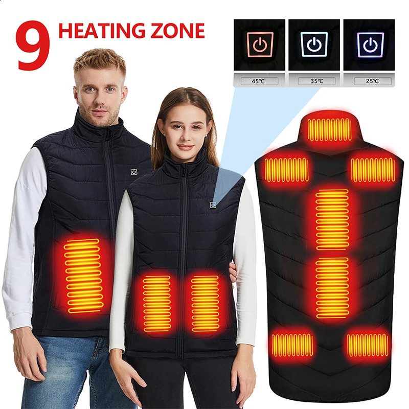 9 Places Heated Vest Men Women Usb Heated Jacket Heating Thermal Clothing Hunting Winter Fashion Heat Jacket Black 240824