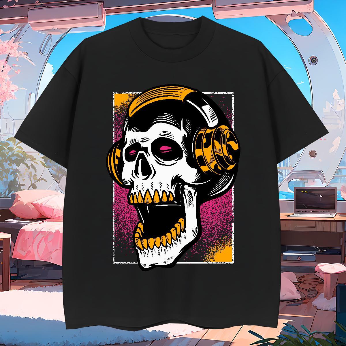 Free Shipping T-Shirts for Men 230g Cotton skull Street Wear Cartoon Printing L-4XL Crew Neck Breathable Men Clothes T-Shirt DIY Customized Tee Shirt