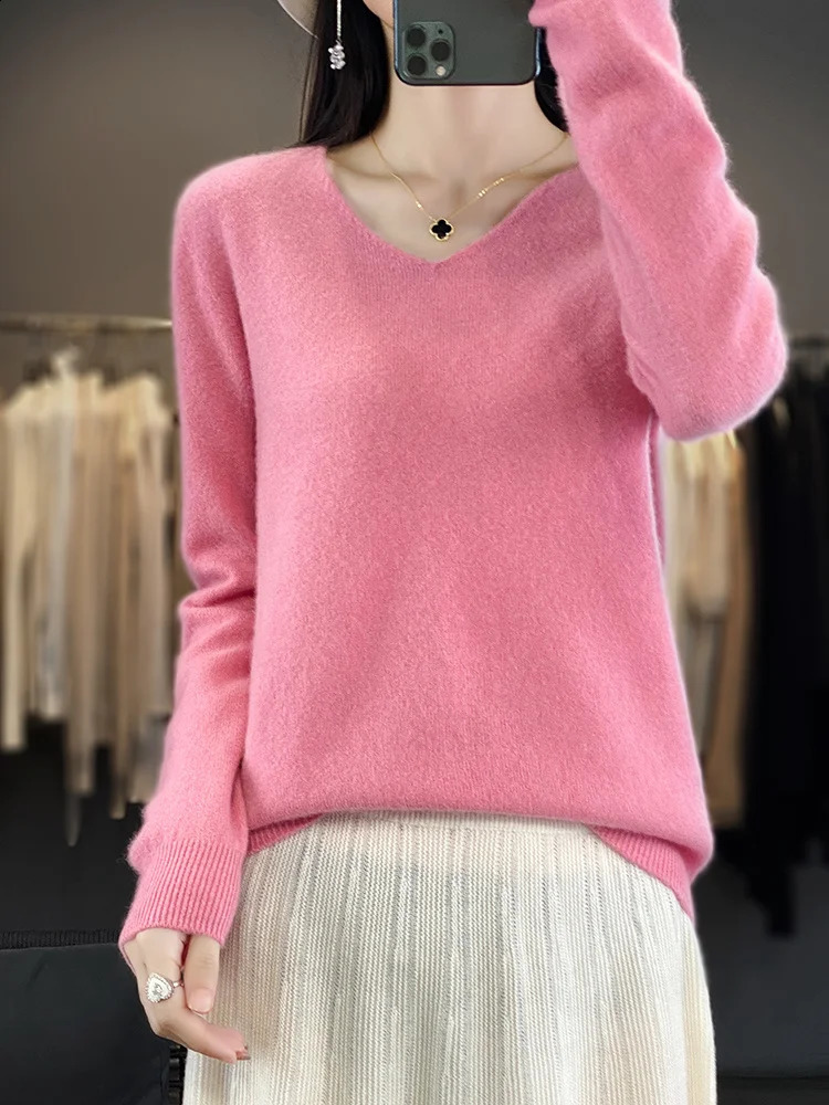 Fashion 100% Merino Wool Sweater Basic Cashmere Women Knitwear Pullover V-Neck Long Sleeve Autumn Winter Clothing Tops 240824