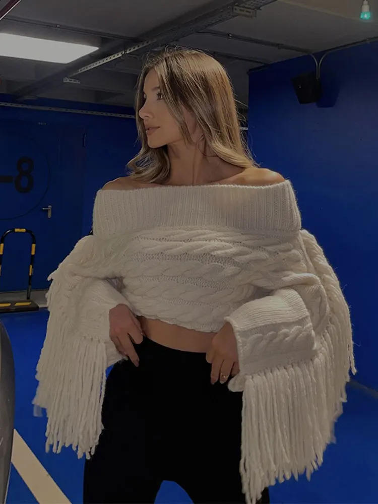 Fashion White Off Shoulder Tassels Sweater For Women Sexy Slash Neck Long Sleeve Pullover Autumn Female Knitted Jumpers 240824
