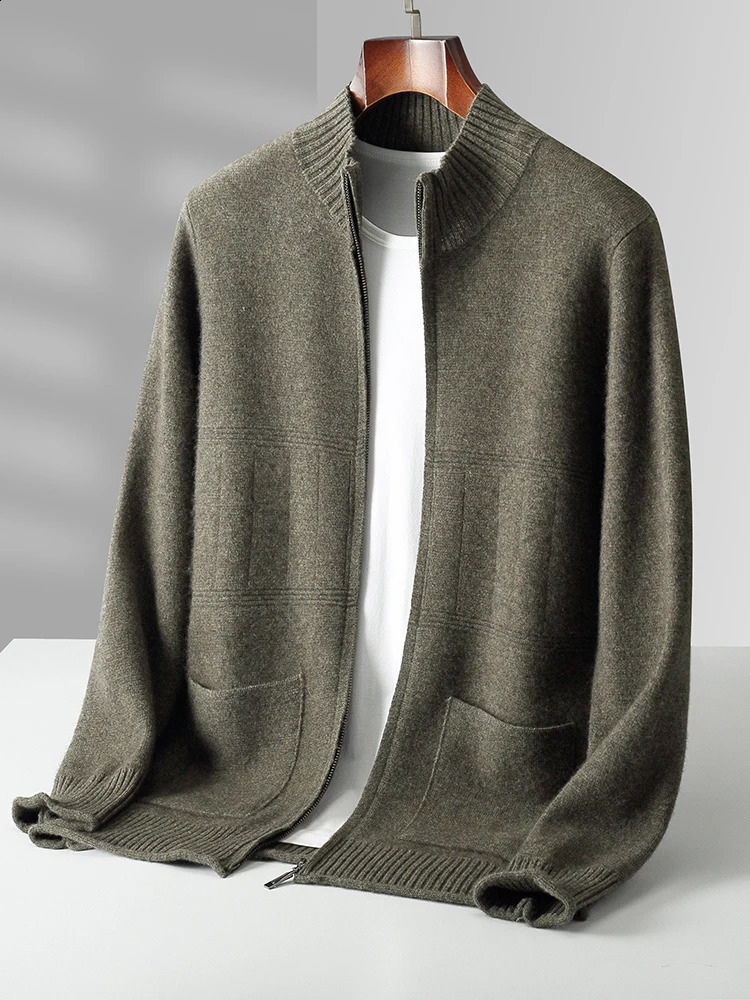 Mens Cashmere Sweater Mock Neck Zippers Cardigan Autumn Winter Thick Soft Coat 100 Merino Wool Knitwear Smart Casual Clothing 240824