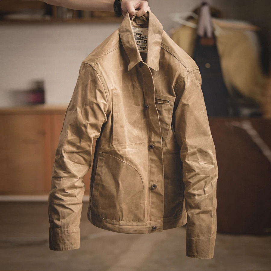 Maden Canvas Oil Wax Men Jackets Khaki Retro Multipocket Beaded AmeKaji Jacket Big Pocket Solid Vintage Clothing 240824