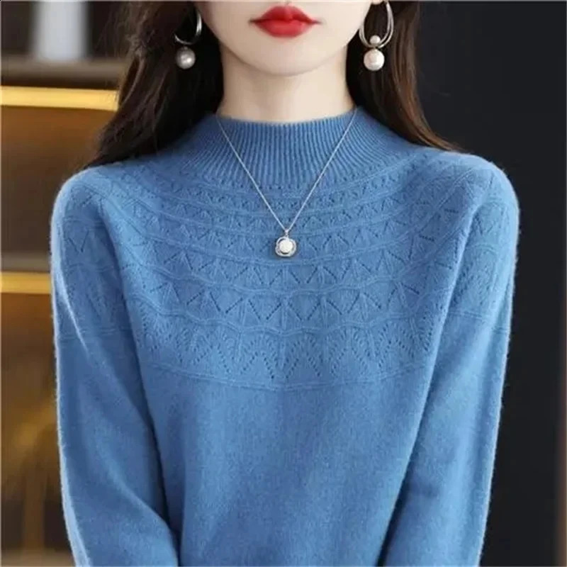 Cashmere Sweater Autumn Winter 100% Pure Wool Womens Bottoming Shirts Knitted Pullover Hollowed-out Knitwear Soft Jumpers 240824