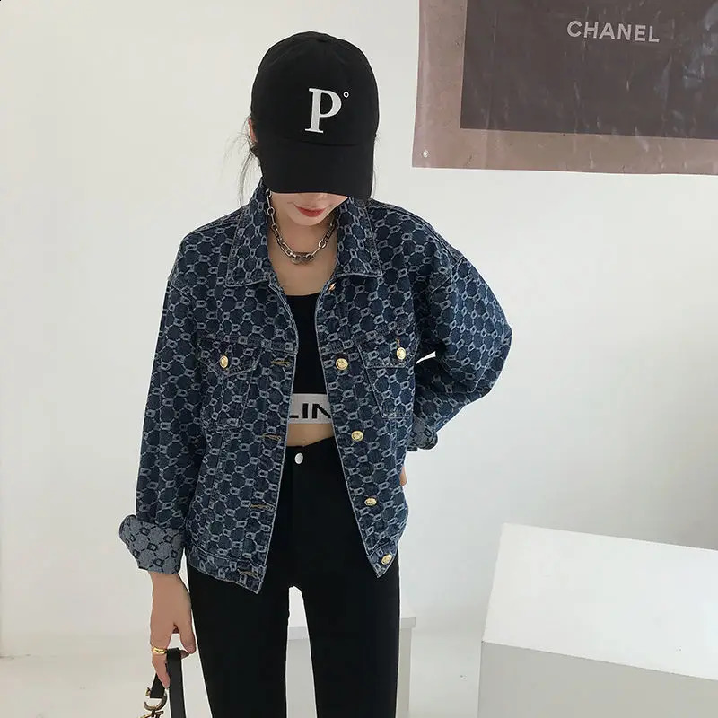 Women Vintage Loose Long Sleeve Print Cotton Jean Jackets Spring Fall Female Casual Blue Denim Jacket Coats Streetwear Outwear 240824