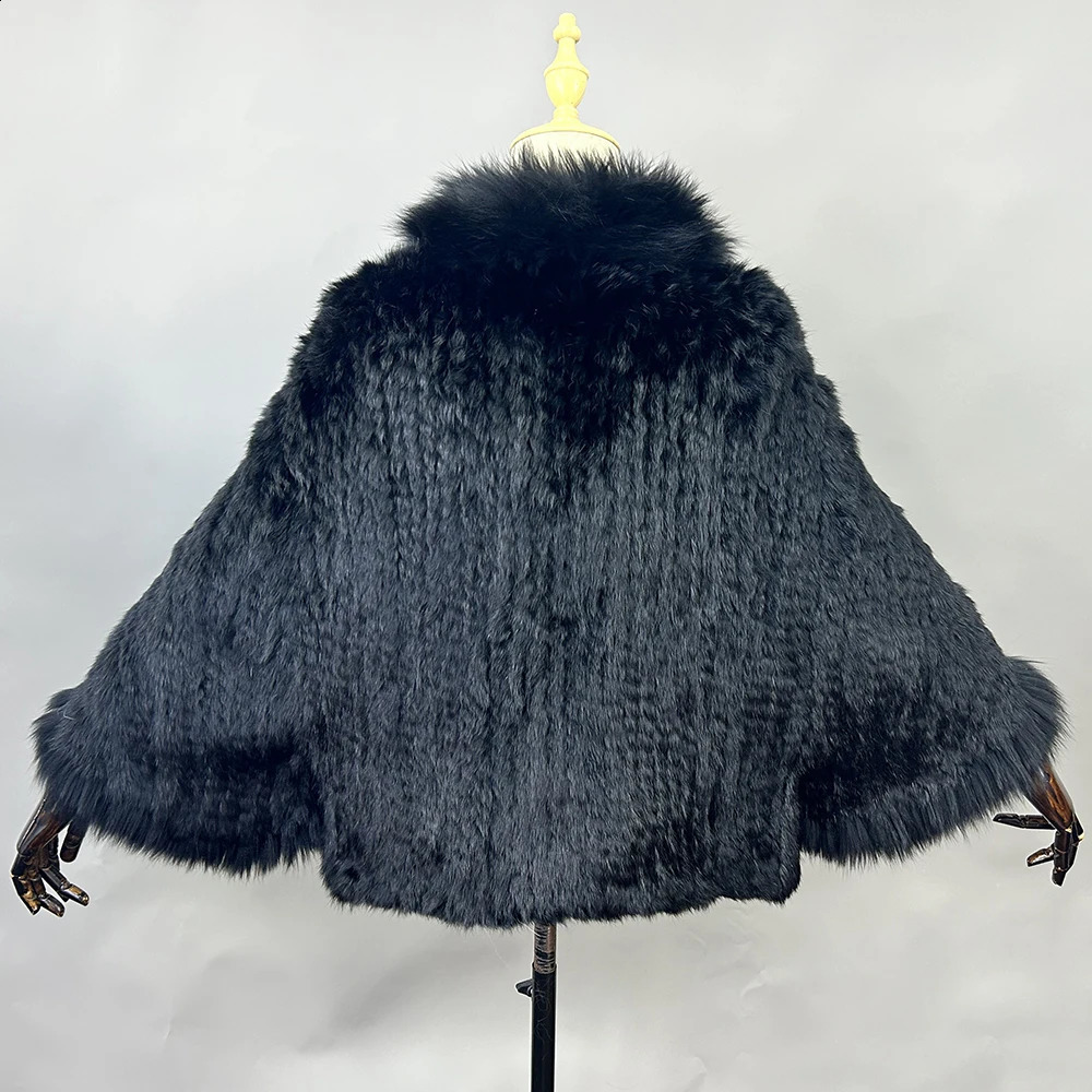 Genuine Natural Knitted Rabbit Fur Shawl Coat With Fox Collar Womens Fashion Knit Jacket Cape 251022