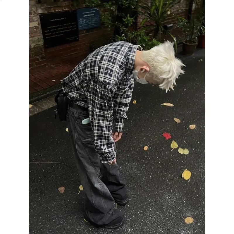 American Style Loose-fit Casual Plaid Shirt For Men Arrival Spring Autumn Fashion Trendy Black White Checkered Vest 240824