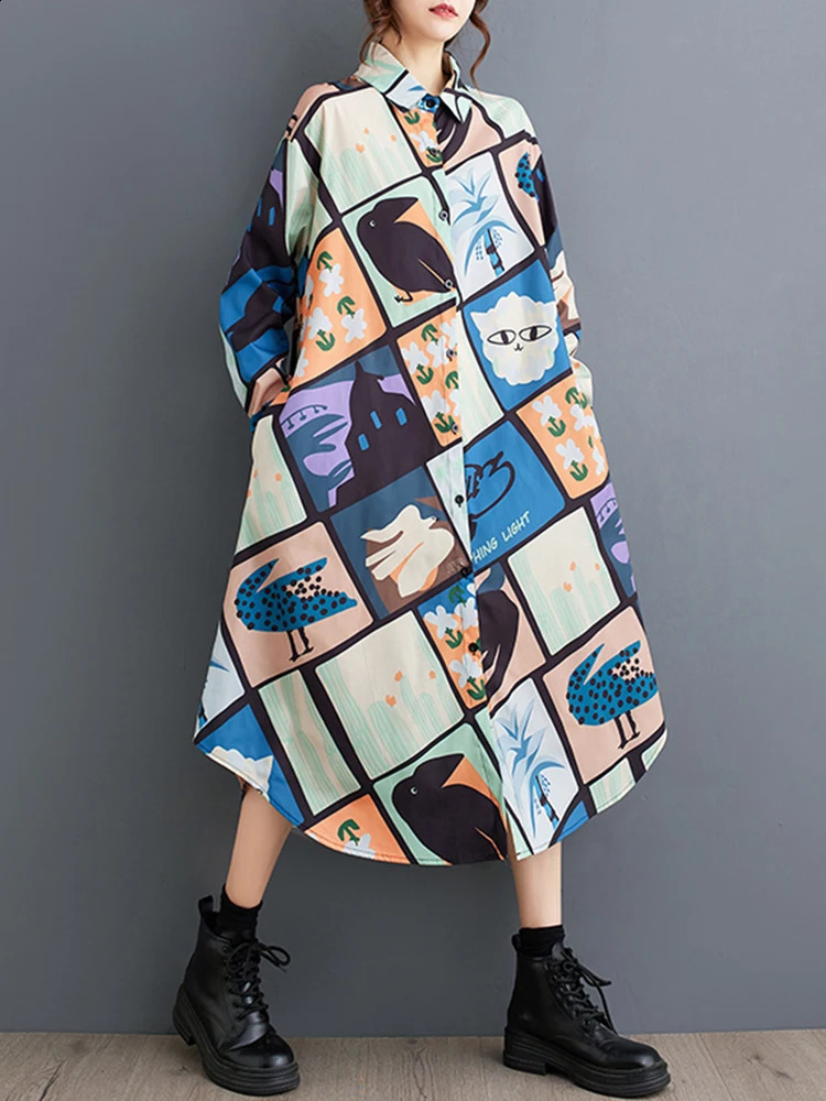 XITAO Loose Asymmetric Print Dress Simplicity Long Sleeve Casual Single Breasted Women Autumn Trend All-match Dress HJF8188 240824