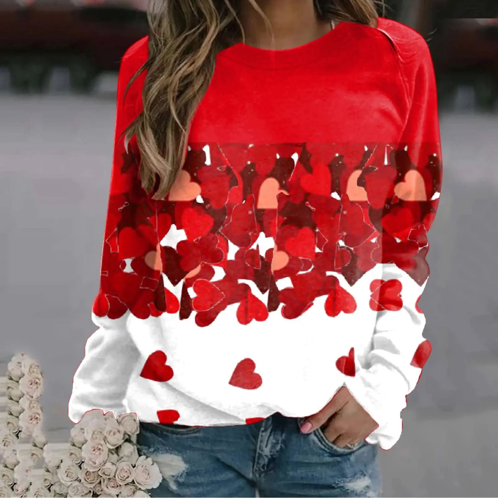 Womens Casual Sweatshirt 3D Love Print Long Sleeve Round Neck Loose Autumn Pullover Fashion Versatile Womens Hoodie 240824