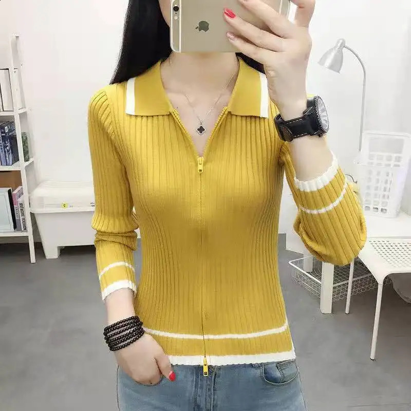 Spring Autumn Cardigan For Women Korean Fashion Turn-Down Collar Long Sleeve Sweater Oversize Zippers Top Female Soft Knitwear 240824