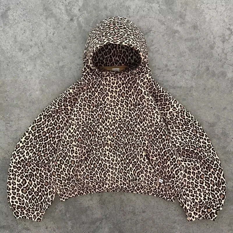 Street Y2K Fashion Trend Leopard Pullover Hoodie Women Harajuku Casual Loose Fleece Thick Sweatshirt Couple Punk Warm Hoodie 240824