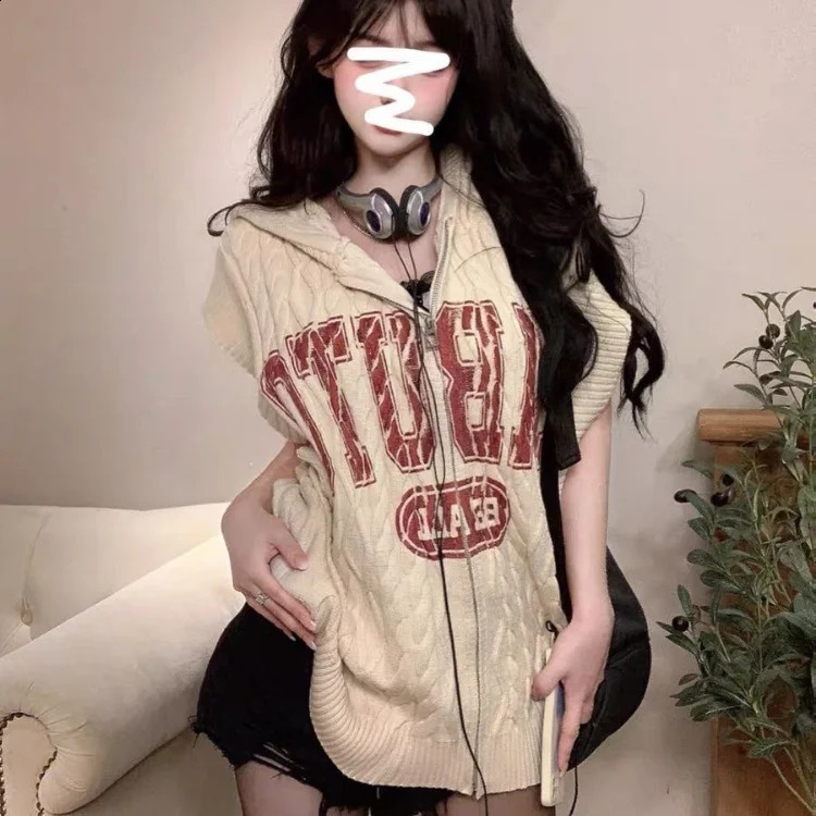 Harajuku Vintage Letter Print Zipper Hoodie Cardigan Spring Loose Long Sleeve Tops Women Y2k Grunge Mid-length Cardigans Mujer 240824