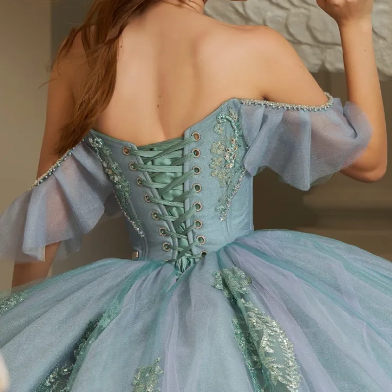 Mexican Quinceanera Dresses Sequin Applique Beads Crystal Tull Corset Lace Up Sweet 16 vestido 15 De quinceaneras