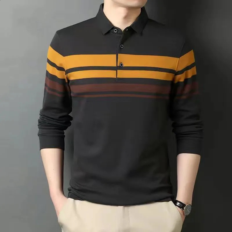 Cotton Men Fashion Striped Polo Shirts Spring Autumn Loose Clothing Lapel Pullover Tee Business Casual Long Sleeve Tops 240824