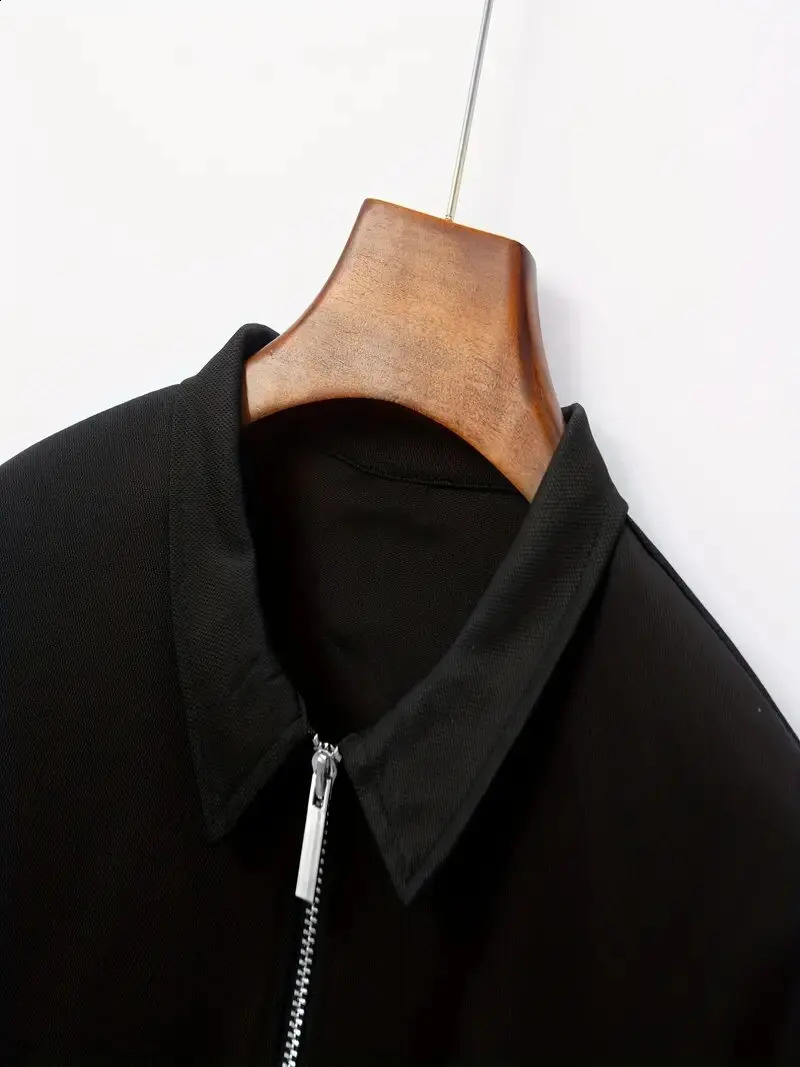 Mens autumn solid color classic daily long sleeved pocket sleeve lapel shirt casual sports zipper long sleeved polo shirt 240824