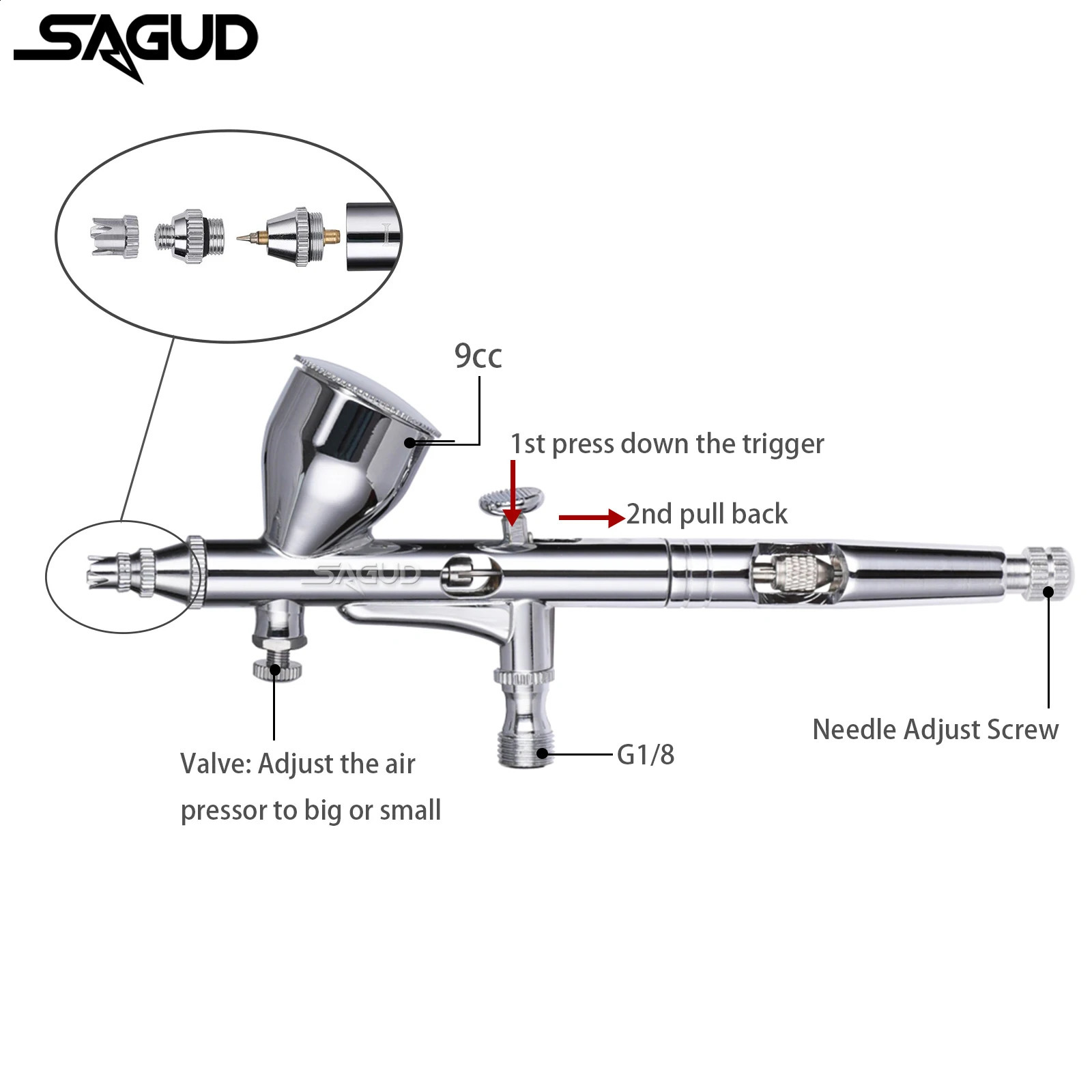 SAGUD double action spray gun kit 0.m air brush with 2/5/13CC spray cup and wrench dropper tool for cake tattoo nail painting 240823