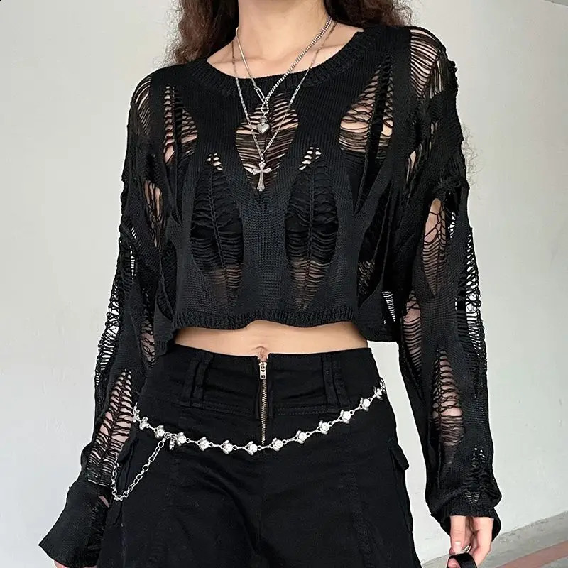 Hollow Out Pullovers Women Black Autumn Streetwear Personality Casual Loose Korean Style Fashion Solid Sexy Knitwear Grunge 240824