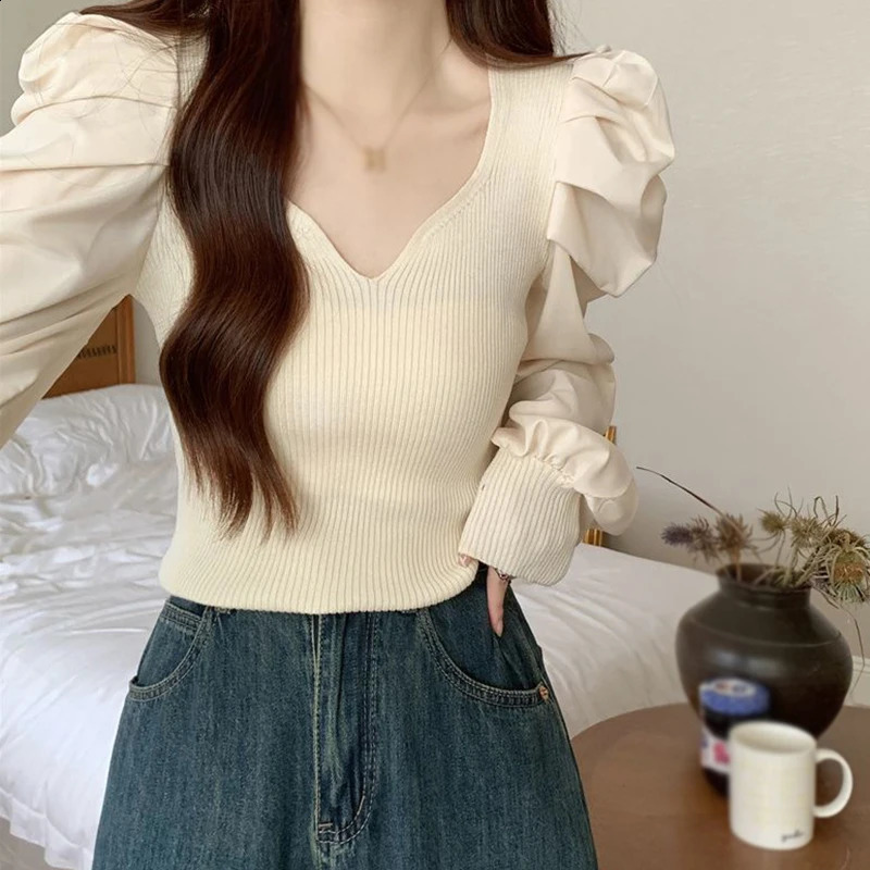 Puff Sleeve Knitted Shirt Slim Fit Outer Wear Long Sleeve Square Neck Autumn Elegant Womens Top V-neck All-match Pullovers 240824