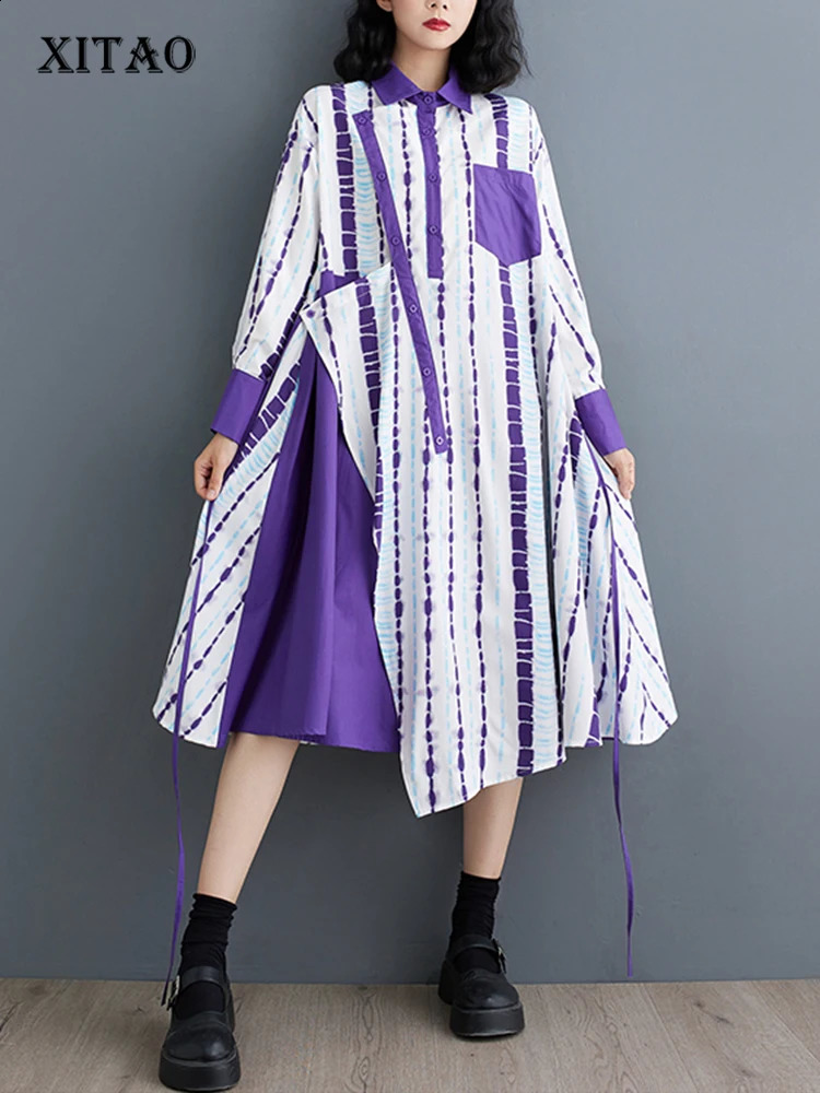 XITAO Loose Asymmetric Print Shirt Dress Fashion Contrast Color Patchwork Women Autumn Trend Striped Irregular Dress DMJ4164 240824