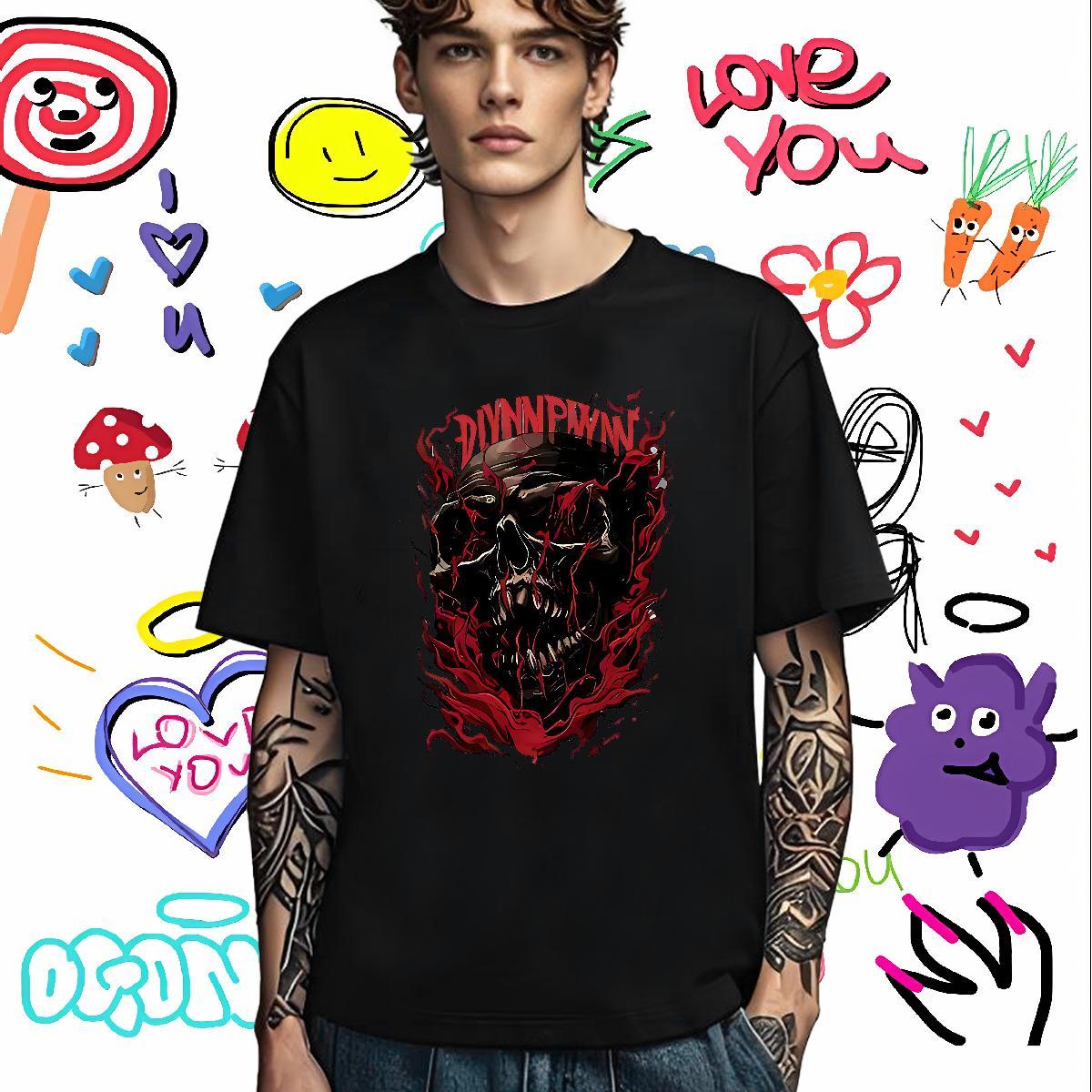 Loose Fit Men T Shirts 230g Pure Cotton skull Summer Casual Anime Breathable Crew Neck Tshirts 2024 Designer Tee Shirt
