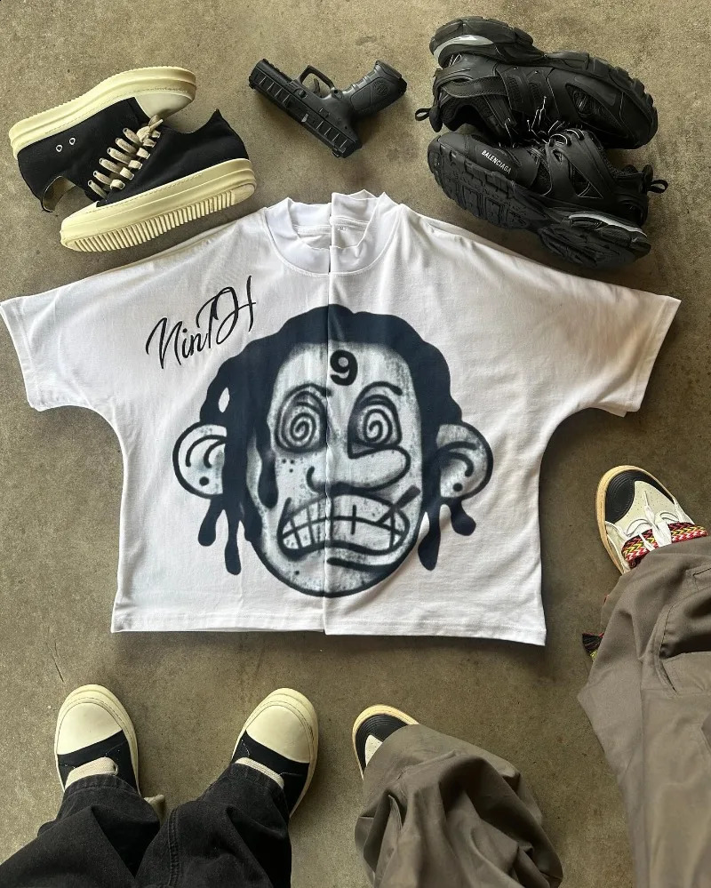 summer High street cartoon printed short sleeve T-shirt men y2k cotton top Harajuku trend couple casual oversized shirt 240824