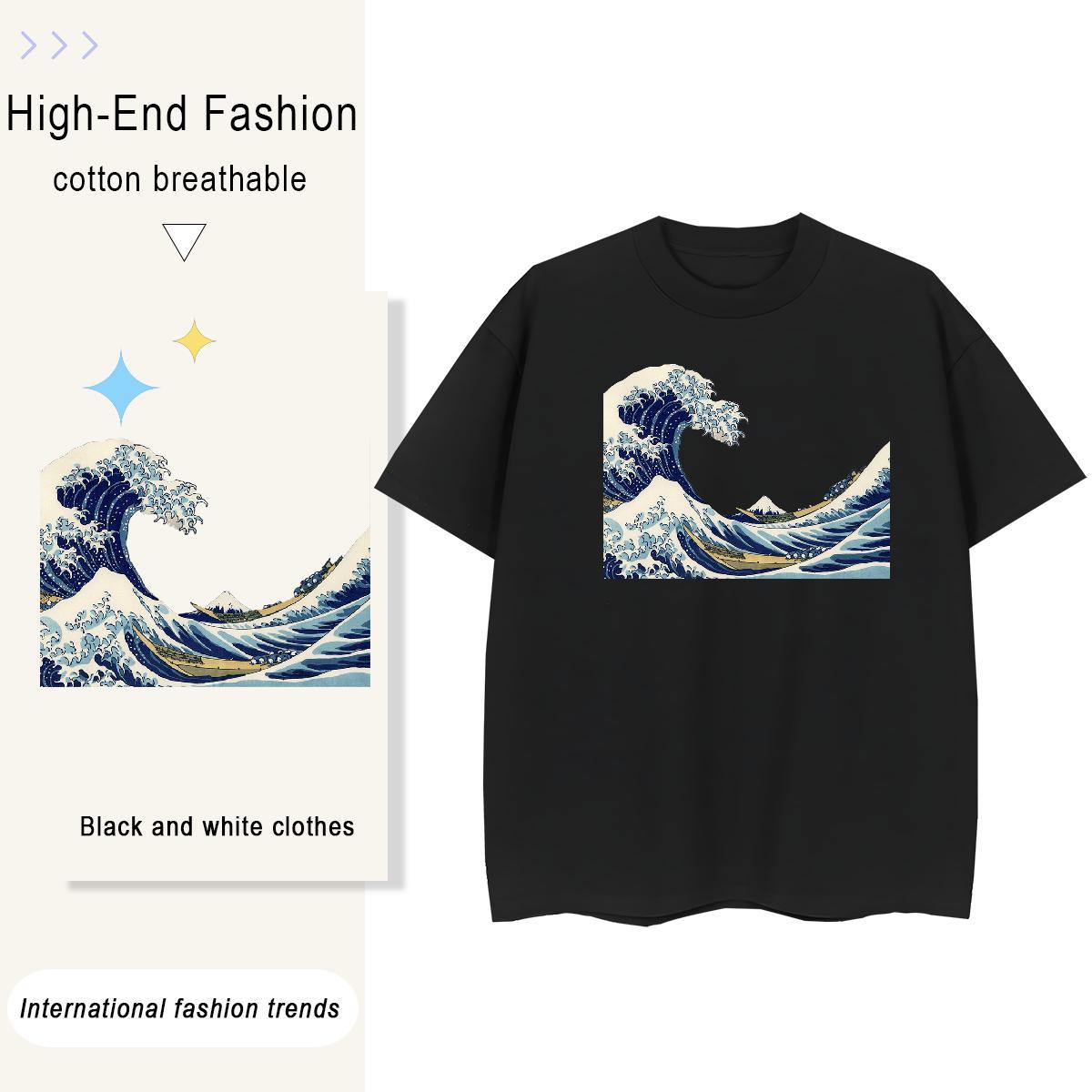 Unisex T-Shirts 230g 100% Cotton sea wave Beach Oversized O-Neck Short Sleeve Men Tees 2024 Designer Tops Shirt