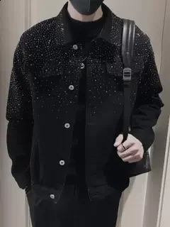 Mens highend fashion Rhinestone denim jacket mens handsome lapel long sleeved clothing 240824