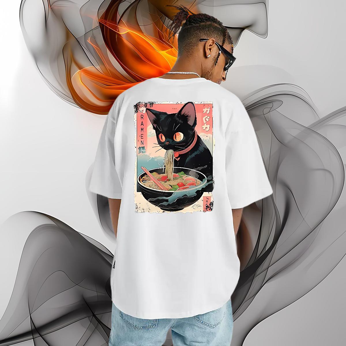 Fashion Tshirts The cat eats ramen noodles Home Outdoor 230g Pure Cotton Tee Shirt Crew Neck Cool T Shirt For Man White Plus Size