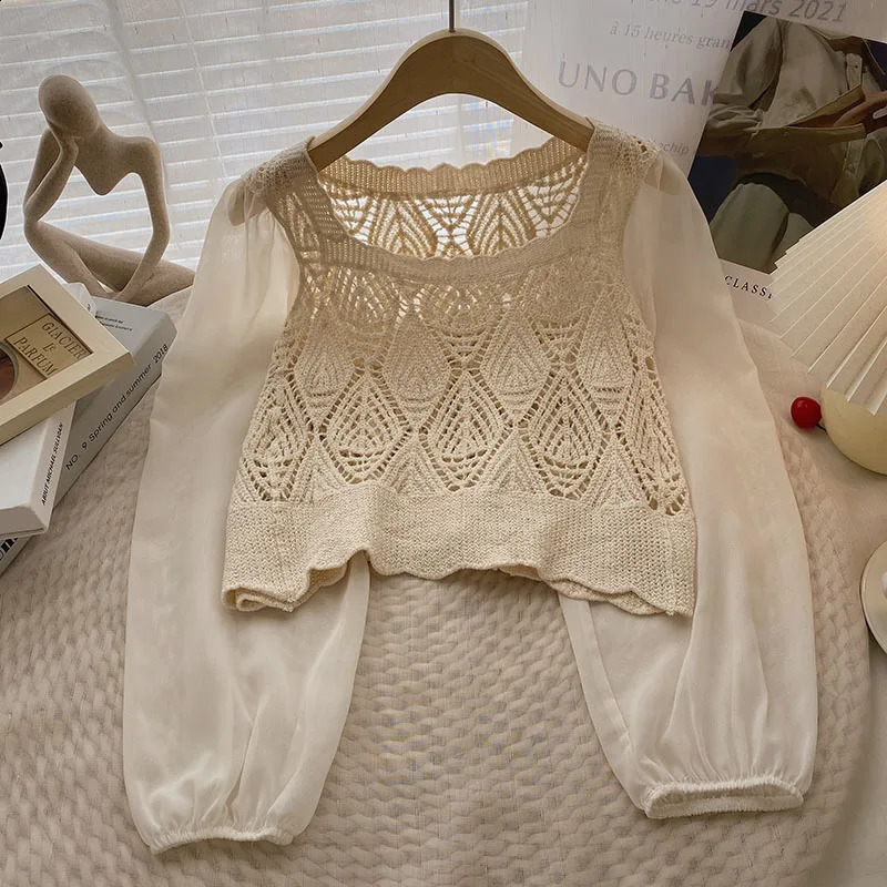 OUMEA Women Cotton Crochet Blouse With Long Chiffon Puff Sleeve Casual Tops Square Neckline Knit Shirts Korean Style Tops 240824