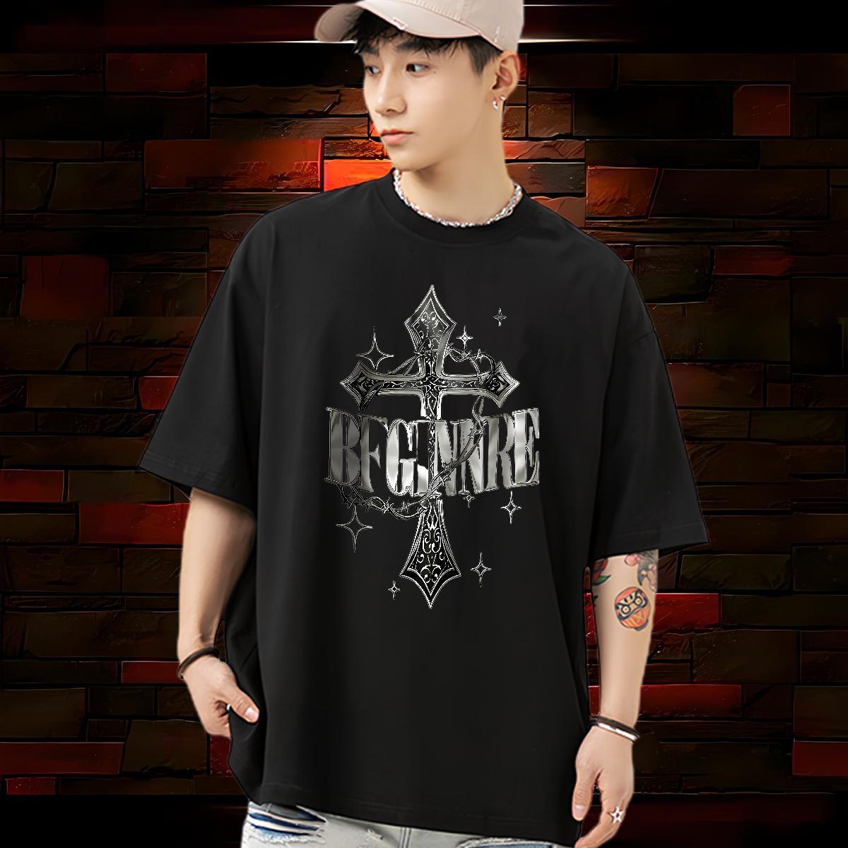 Loose T-Shirts for Men 230g Pure Cotton cross Casual DIY Anime Breathable Crew Neck Couples T Shirts 2024 DIY Tees Shirts