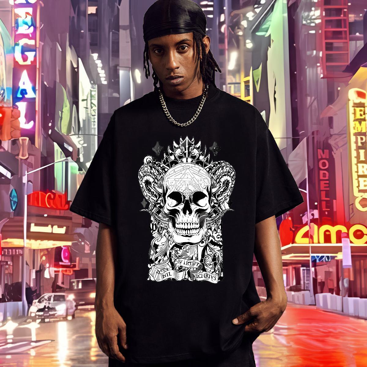 Classic T Shirts Men 230g Cotton skull Hip Hop Custom Anime Breathable Crew Neck Men Tshirts Fashion Design Tees Shirts