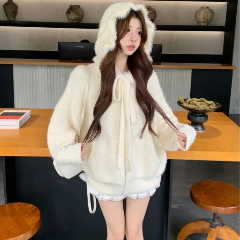 Sweet Hooded Knitwear Women Korean Lace Up Soft Glutinous Academy Fashion Gentle Solid Lazy Warm Winter Female Sweater Coat Top 240824