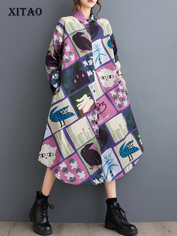 XITAO Loose Asymmetric Print Dress Simplicity Long Sleeve Casual Single Breasted Women Autumn Trend All-match Dress HJF8188 240824