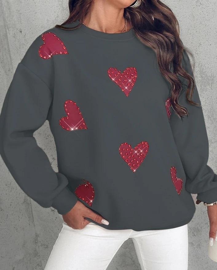 Elegant Fashion Autumn Winter Casual T-Shirt Pullover Tops Heart Print Long Sleeve Rhinestone Decor Sweatshirt 240824