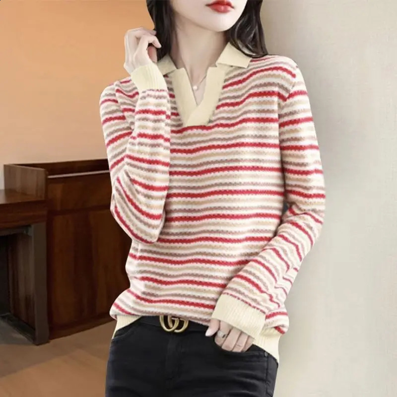 Korean Women Clothing Fashion Bottoming Stripe Sweaters Spring Autumn Long Sleeve Casual All-match V-Neck Knitted Pullovers Tops 240824