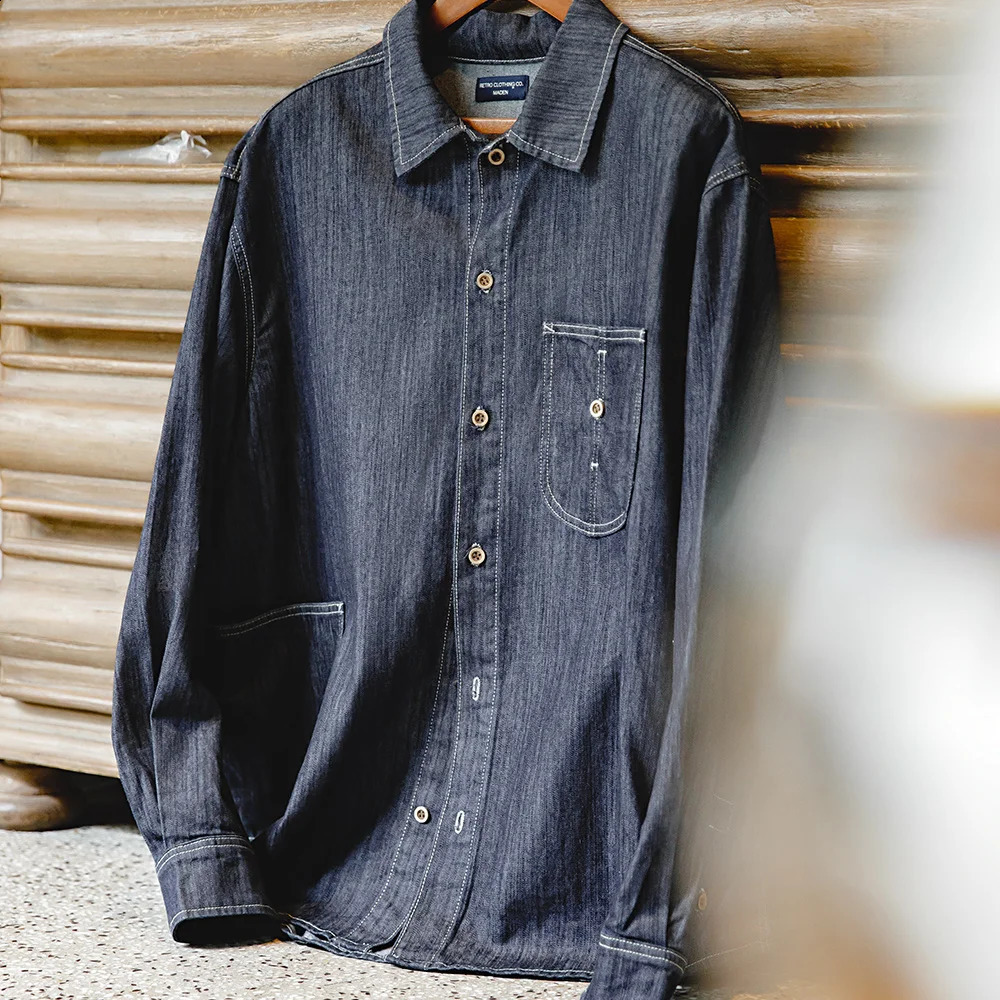 Maden vintage large pocket washed denim shirt mens casual 240g button up long sleeved Amekaji loose workwear top 240824