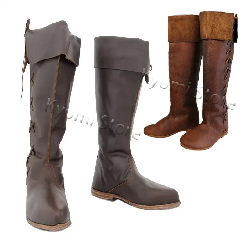 Renaissance medieval role-playing Gothic punk pirate prop shoes leather knight high boots mens paladin costume wizard 240823