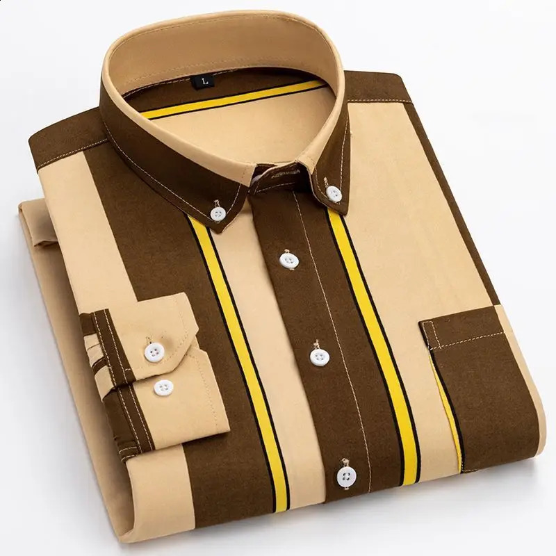 Spring Autumn Fashion Printing POLO Collar Long Sleeve Mens Clothin Shirts Korean Loose Striped Thin Style Pocket Blouse 240824