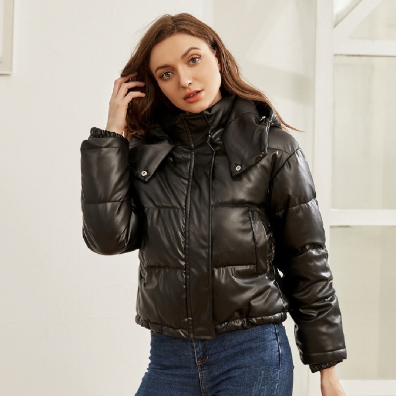 Autumn And Winter New Style Hooded Pu Jacket Womens Short Warm Bread Cotton Jacket Ins Womens Trend