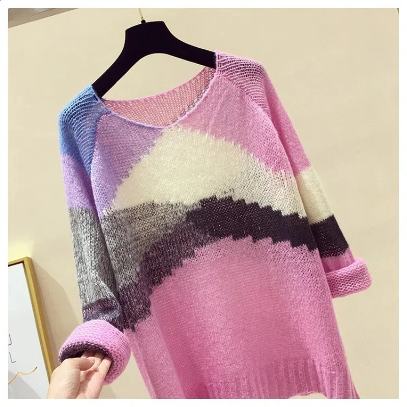 Autumn/Winter Korean Edition Simple Fashion Casual Knitted Sweater Long Sleeve Loose Color Blocking Womens T-shirt Top 240824