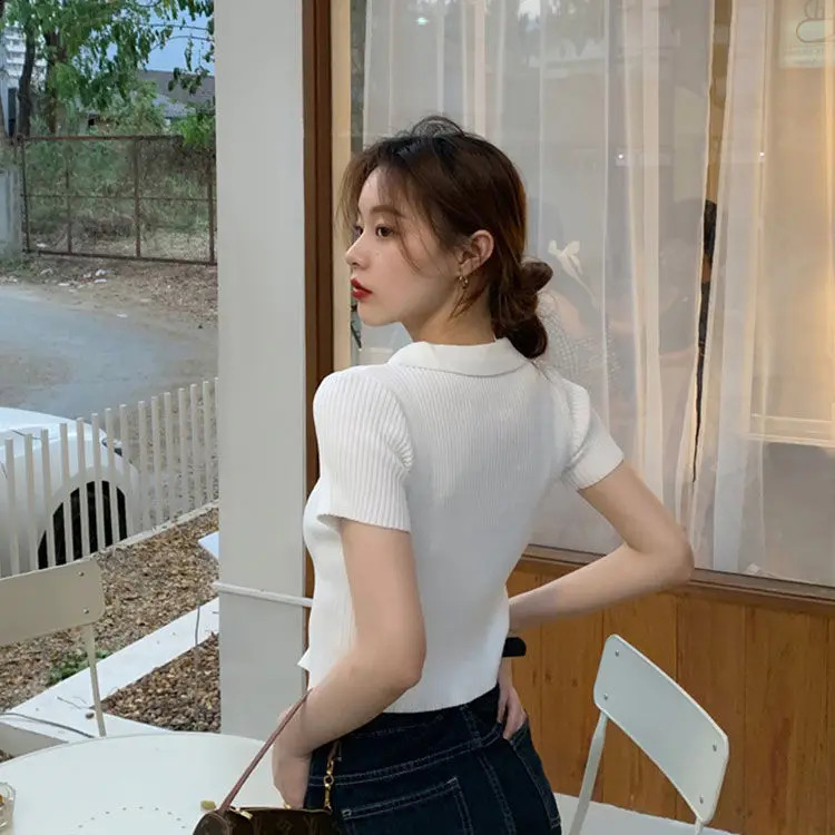 Woman TShirts Knitwear Short Sleeve Double Zipper Summer Polo Shirt T-shirt Crop Top Mujer Camisetas 240824