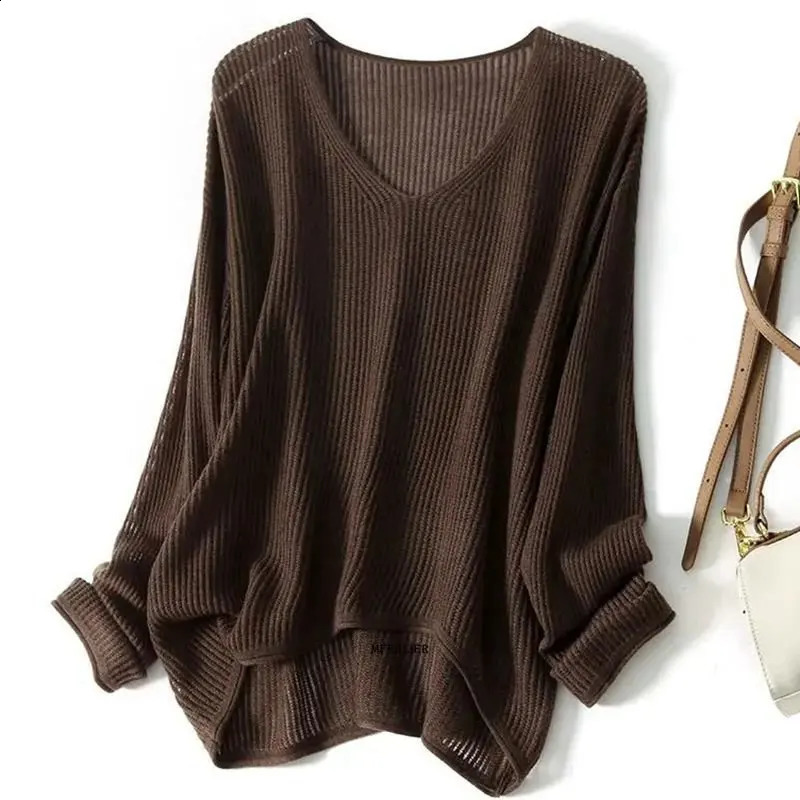 Plus Size 6XL 150KG Autumn Women Sweater Long Sleeve V Neck Casual Loose Hollow Solid Color Sweater Black Beige Loose Coat 240824