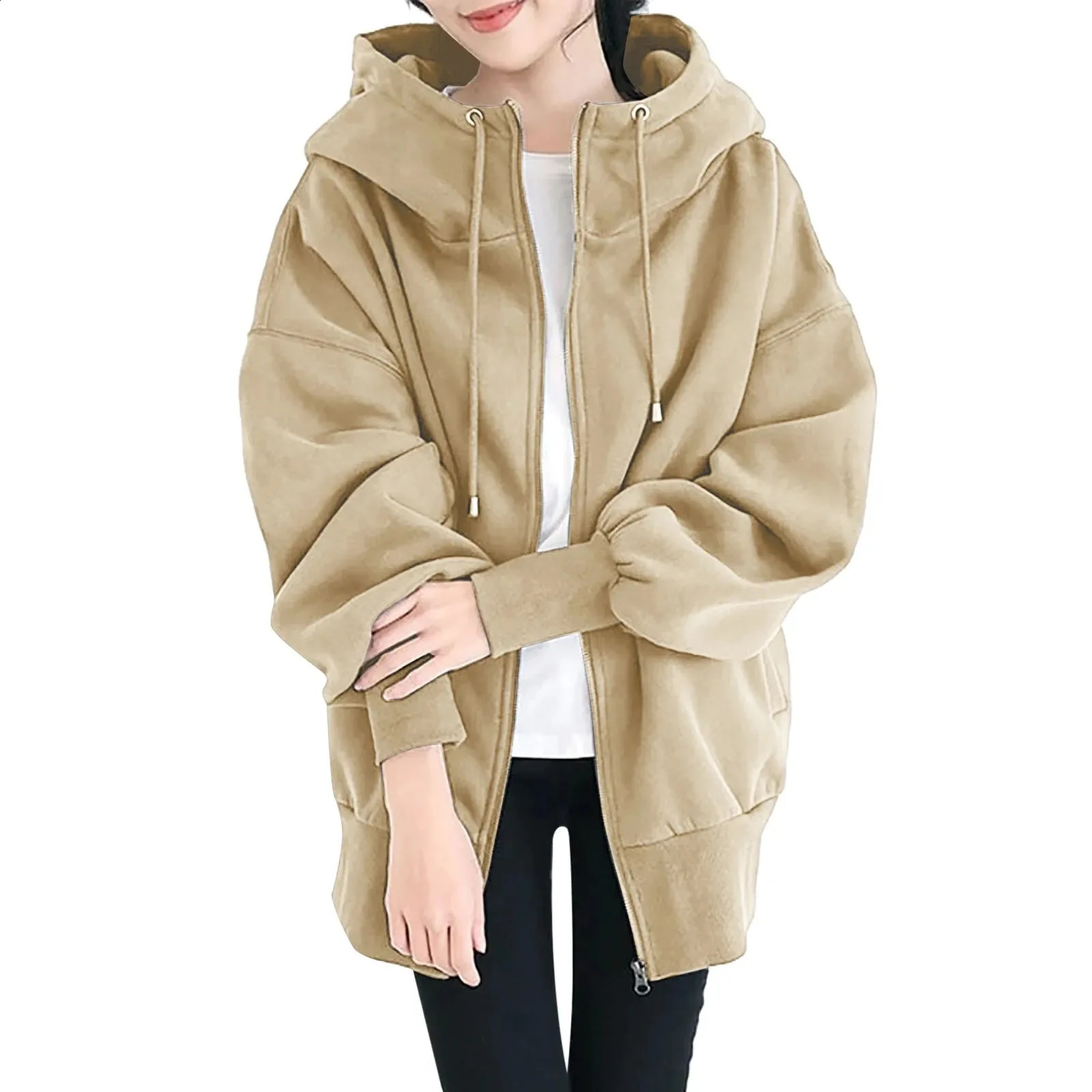 Oversized Loose Hoody Sweatshirts Casual Tie Collar Long Lantern Sleeve Solid Color Zip Up Hooded Coats Outwear JYFS-4451 240824