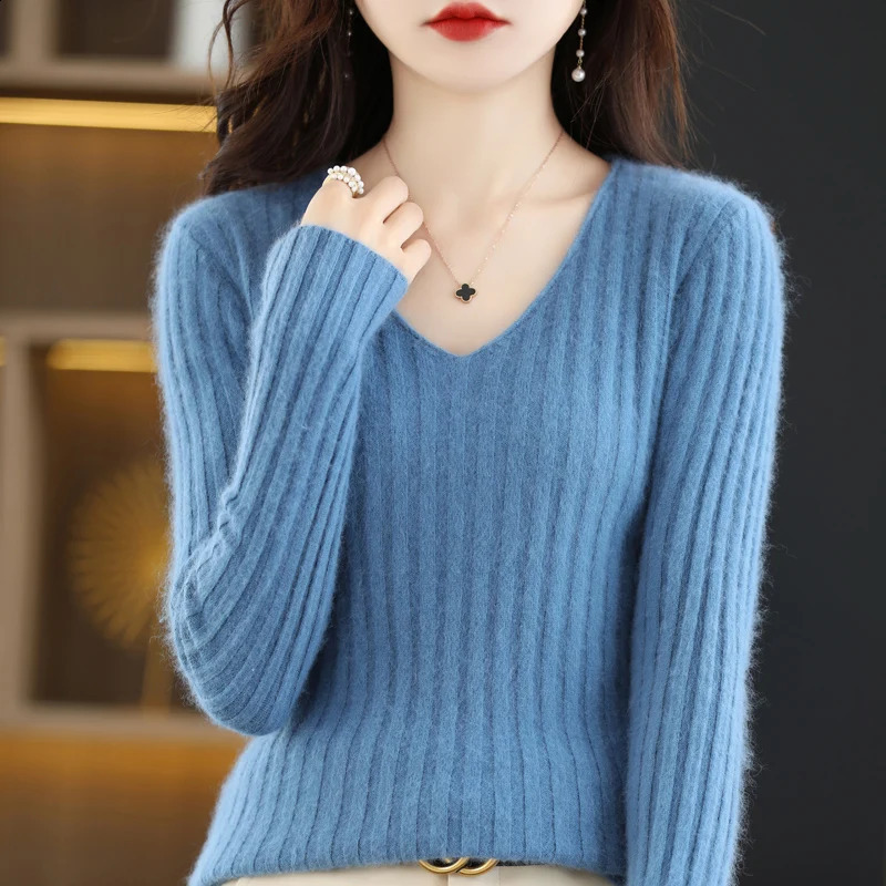 100% Mink Cashmere Womens Sweater Knitted Long Sleeve Pullover V-neck Slim Fit Undercoat Soft Fashion Womens Top 240824