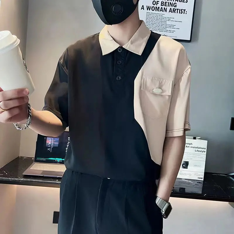 Summer Thin Fashion Short Sleeve Lapel Mens Trend Korean Version Casual All-match Contrasting Colors Spliced Pocket POLO Shirt 240824
