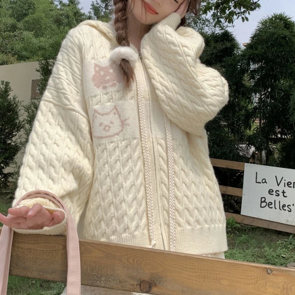 Japanese Anime Cats Kawaii Sweaters Oversized Cardigan Youth Women Students Knitwear Autumn Winter Jackets Coats Korean Trendy 240824