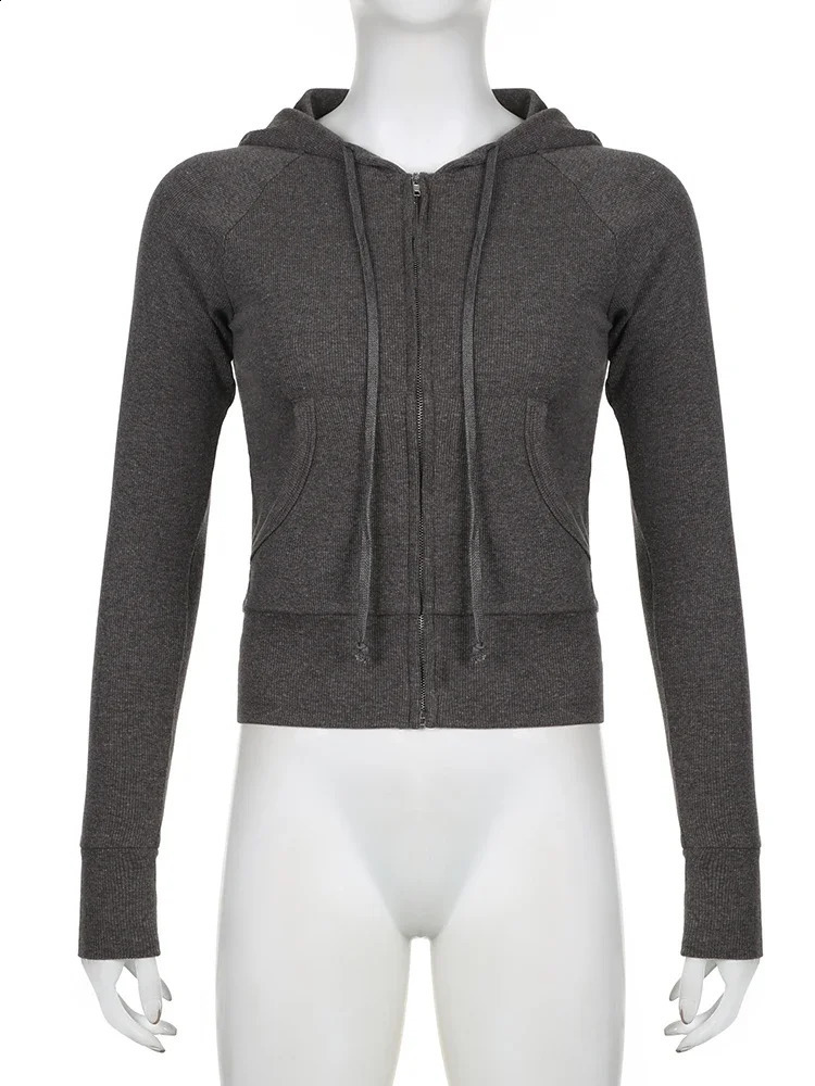 Casual Streetwear Basic Hooded Pockets Sweatshirt Tracksuit Solid Long Sleeve Women Vintage Zip Up Hoodies Fashion Sweatshirts 240824