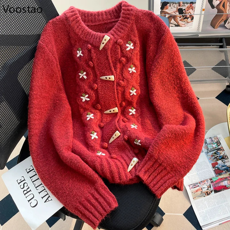 Mori Sweet Knitted Cardigan Women Vintage O-Neck Embroidery Horn Button Sweater Loose Coat Y2k Cute Knitwear Autumn Clothes 240824