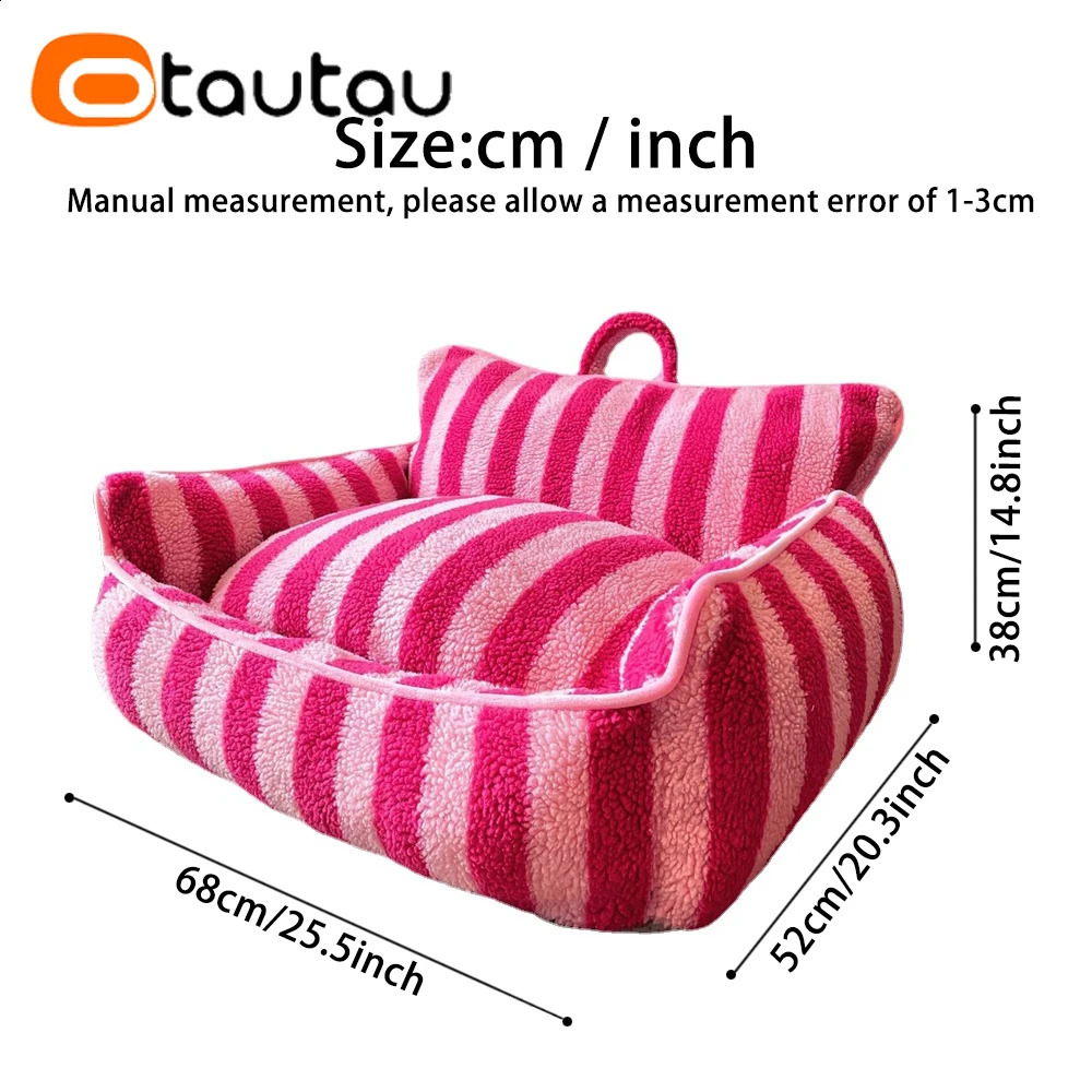 OTAUTAU Cute Pet Sofa Bed with Filler Washable Inner Liner Winter Warm Dog Cat Mini Couch Faux Fleece Stripe Pouf SF139 240824 - view 3