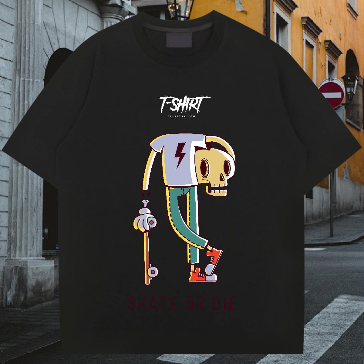 Loose Men T Shirts 230g Pure Cotton skull High Street Hip Hop Custom Cartoon Breathable Short Sleeve Men Clothes T-Shirt 2024 DIY Wear